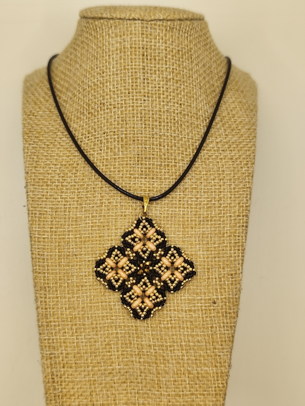 Black and Gold Beaded Diamond Pendant Necklace